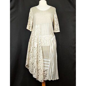 Marilu Italy Dress Tan Cream Stripe Floral Lace Asymmetrical Hem Misses Size M